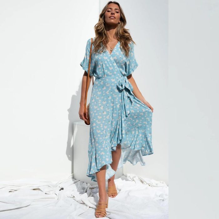 Boho Print Summer Dress Women Casual Ruffle Wrap A-line Midi Dress Robe Holiday Elegant Dresses Asymmetry Vestidos