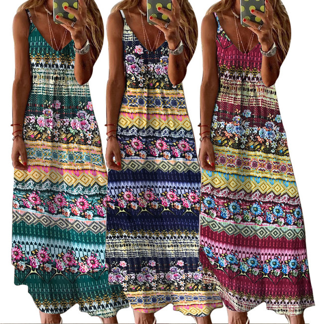 Everkaki Slip Maxi Dresses Women Bohemian Print Sleeveless Vestidos Ladies Boho Plus Size Summer Beach Long Dress Female 2021
