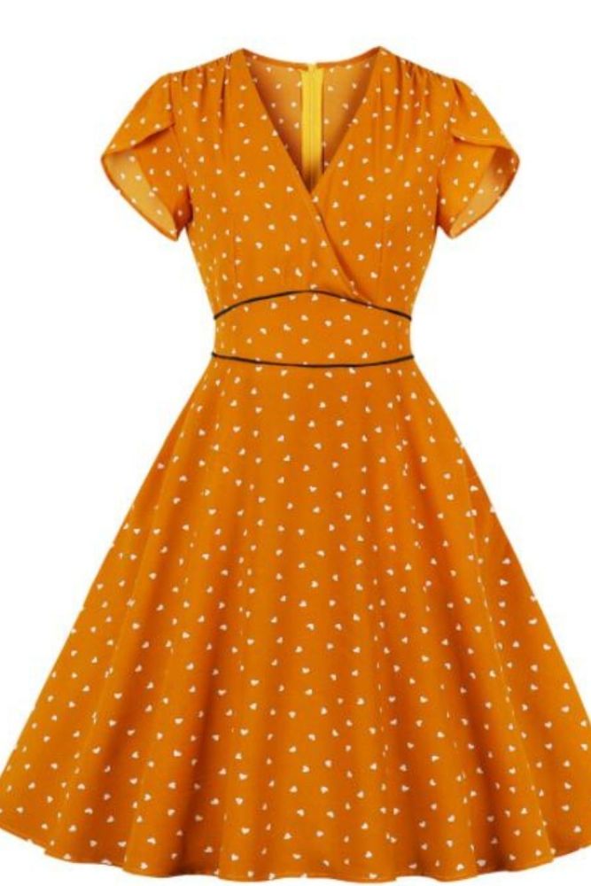 Tonval Orange High Waist Little Heart Print Summer Dress Women Clothes V Neck Pocket Side Office Lady Dresses