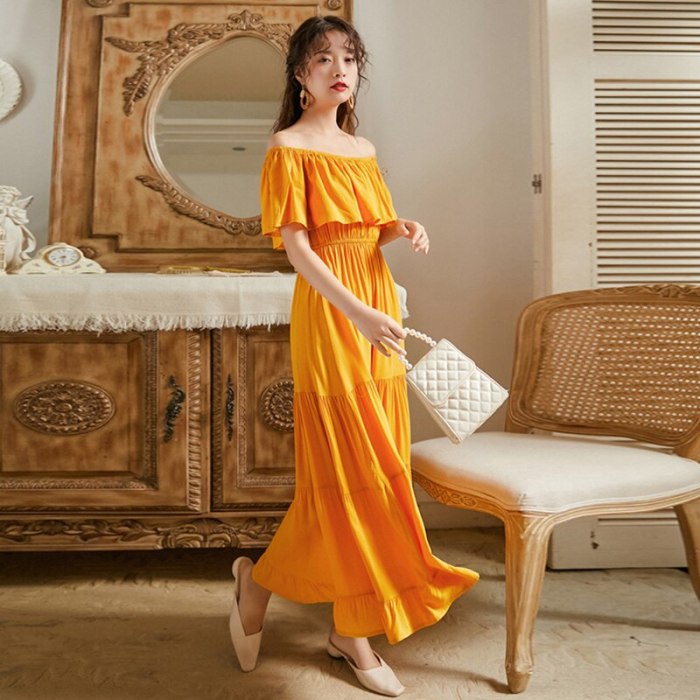 2021 Women Fashion Slash Neck Backless Beach Dress Bohemian Retro Long Dress Elegant Sexy Sundress Red Yellow White XA224F