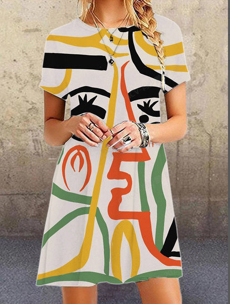 Fashion Womens Dress Abstraction Printing Round-neck Short Sleeve Comfy Casual Dress Vestido De Mulher Kobieta Sukienka Robe
