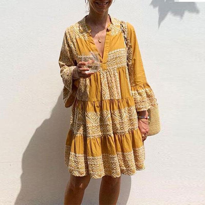 Casual V-Neck Stitching Print Vacation Mini Dress