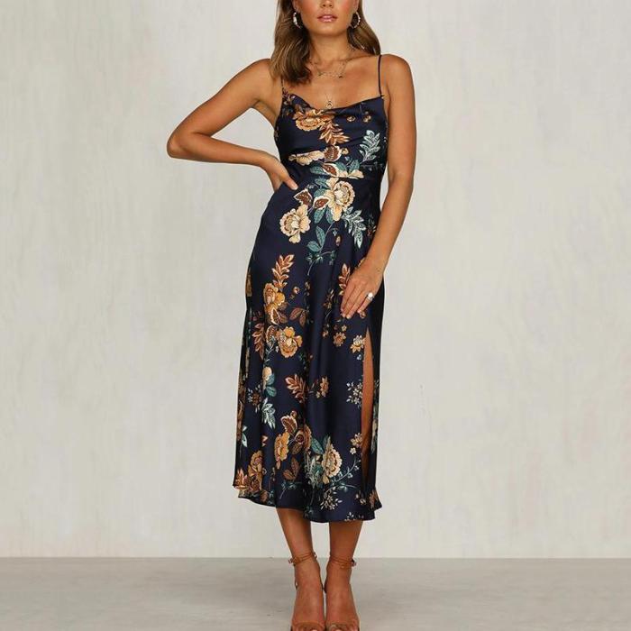 Sleeveless Slim Floral Print Midi Satin Dress