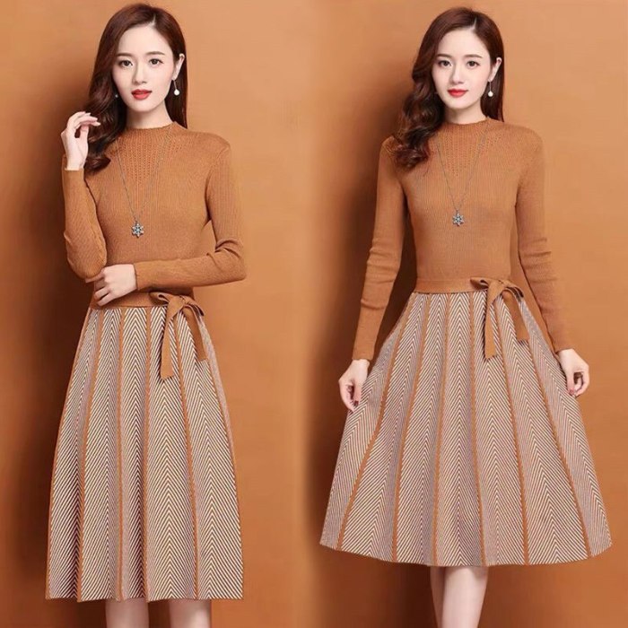 Elegant Knitted Sweater pleated Dress Female Autumn Winter Dress Long Sleeve Sweater Women Dress Office Lady Casual Midi Dress