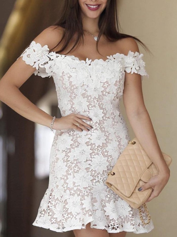 Sexy Boat Neck Hollow Out Lace See-Through Dress