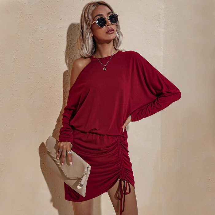 New Women Off-the-shoulder Wrap Dress Autumn Spring OL Solid Color Round Collar Batwing Sleeves Ruched Short Pencil Dress