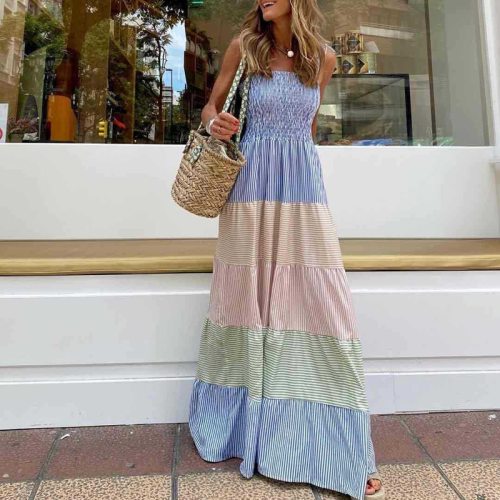 Bohemian Maxi Dresses Summer Elegant Sleeveless Off Shoulder Sling Long Dress Fashion Striped Patchwork Loose Casual Women Dress