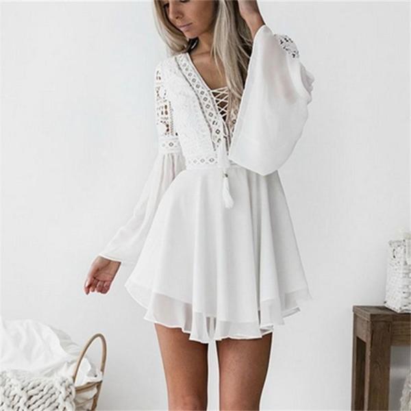Casual Sexy V Neck Lace Hollow Out Mini Dresses
