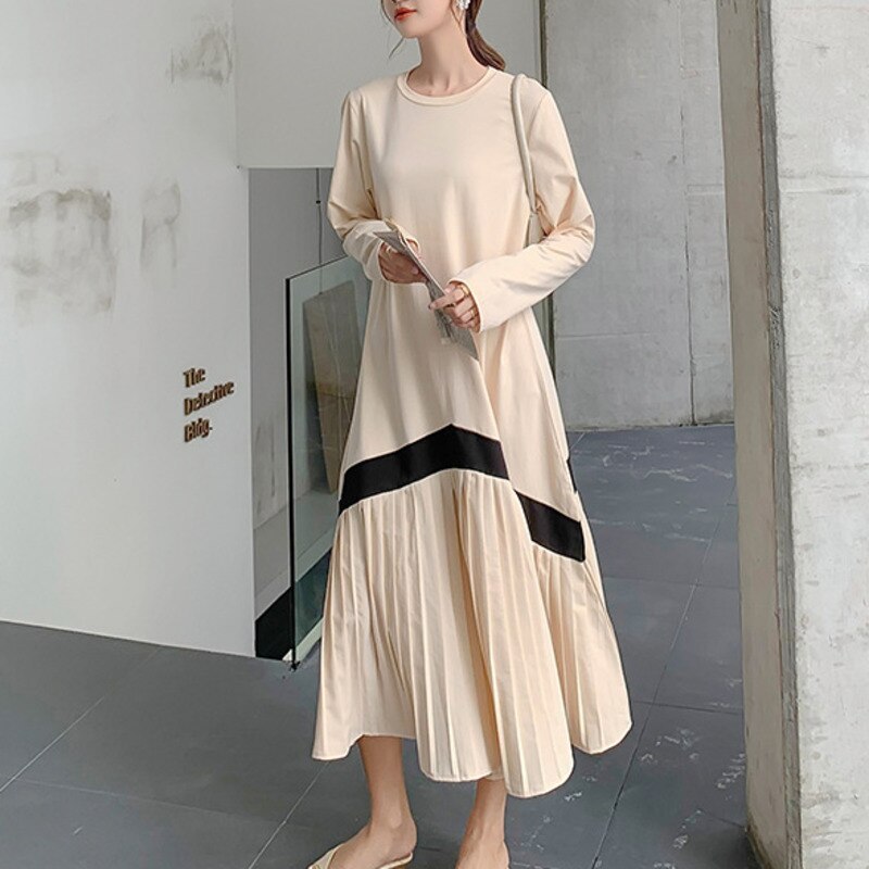 Minimalist Patchwork Dress Women's Spring 2021 New Round Neck Pleated Simple Short Sleeve Mid-calf Dresses QB449