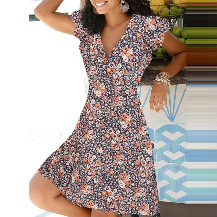 Floral Print V Neck Pullover A-line Dress Fashion Short Sleeves Elegant Office Lady Casual Dress