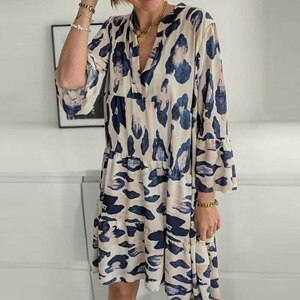 Women Casual Loose Home Print Flare Sleeve Shirt Dress 2021 Fall Women Fashion Sexy V-neck Beach Dress