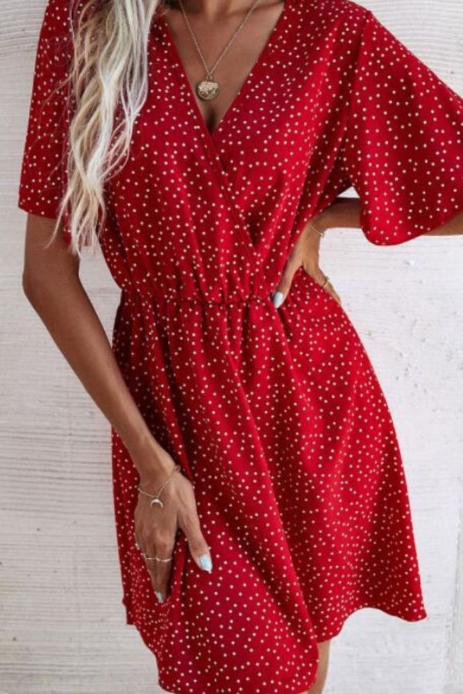 Women Polka Dot A-Line Dress Summer Shrinkage Design V-Neck Short Sleeve Elastic Mid Waist Print Slim Mini Dress For Streetwear