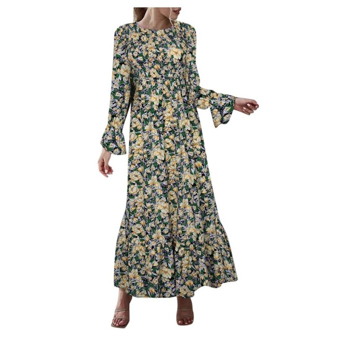 Women Long Sleevel Dot and Floral Printed Boho Dress Evening Party Beach Sundress Summer Beach Maxi Dress