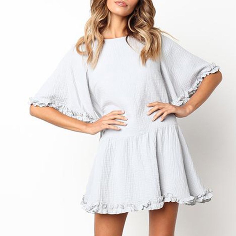 Half Sleeve Ruffle Low-Waisted Casual Pleated Mini Dress