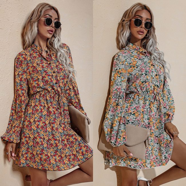 Orange Vintage Floral Print Women Summer Dress 2021 Casual V-neck Long Sleeve A-line Chiffon Beach Mini Dresses Vestidos