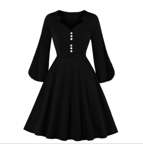 Elegant Female Slit Flare Sleeves Dresses 2021 V Neck Button Up Sexy Dress 40s Vintage Dress 1940s Black Solid Dress Vestidos