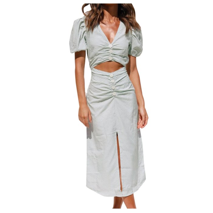 4# Irregular Split Boho Dress Women Summer Button Sexy Navel Short Sleeve V-neck Dress Beach Style Prairie Chic Dress Vestidos
