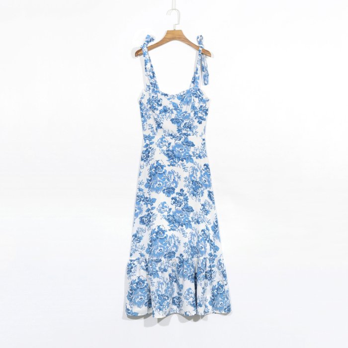 Vintage chiffon floral dress with bow and long dress