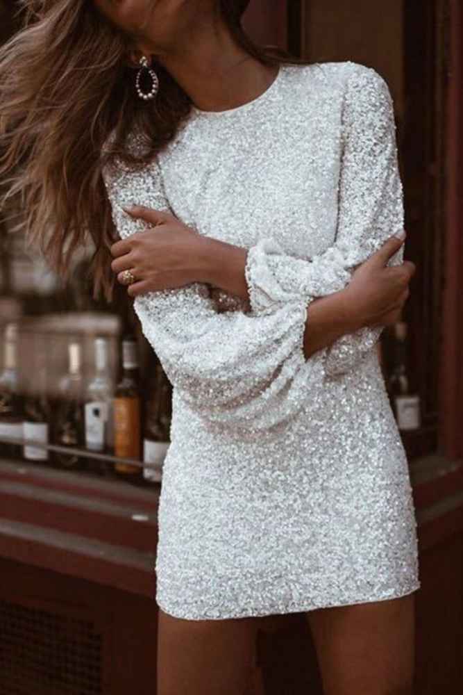 White Sequins Short Mini Cocktail Dresses Long Sleeves Sexy Lady Gown YSAN575
