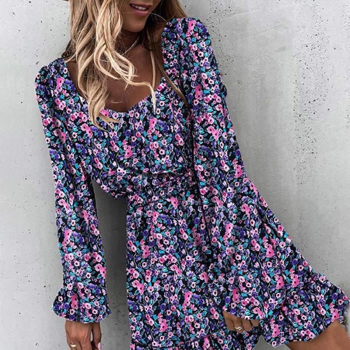 Sexy V-neck Split Floral Print Shirt Dresses 2021 Casual Long Sleeve Boho Summer Beach Dress Women Lace-Up Maxi Dress Vestidos