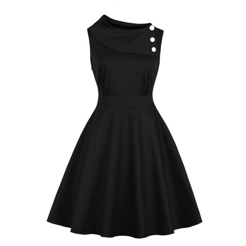 Women Solid Elegant Party Dress with Pocket Woman Botton Decor Ruched Retro Swing Vintage Dress Office Lady Work Dresses