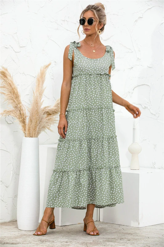 Ball Gown Women's Summer Long Dress Spotted Print Lace Tank Collar Sundress Robe Longue Femme Maxi Dress Casual Vestidos
