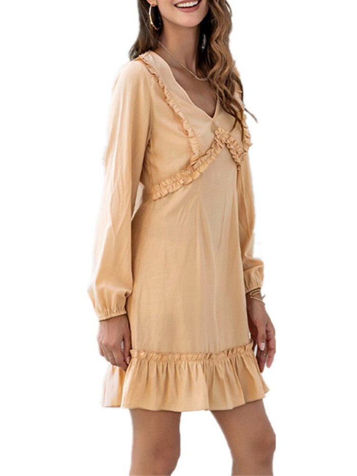 Elegant Fashion Dresses Women Autumn Sweet High Waist Solid Long Puff Sleeve V-Neck Ruffles A Line Casual Mini Dress