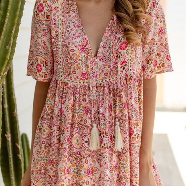 2021 Summer Women's Bohemian Print Short Sleeve Dress Outdoor Vacation Cool Sexy Loose Beach Dress