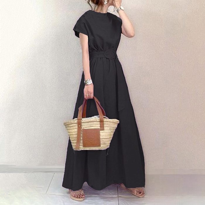 Women Maxi Length Dress Japanese Short Sleeve Switching Ladies Fashion Korean Style A-line Pullover Swing Dresses