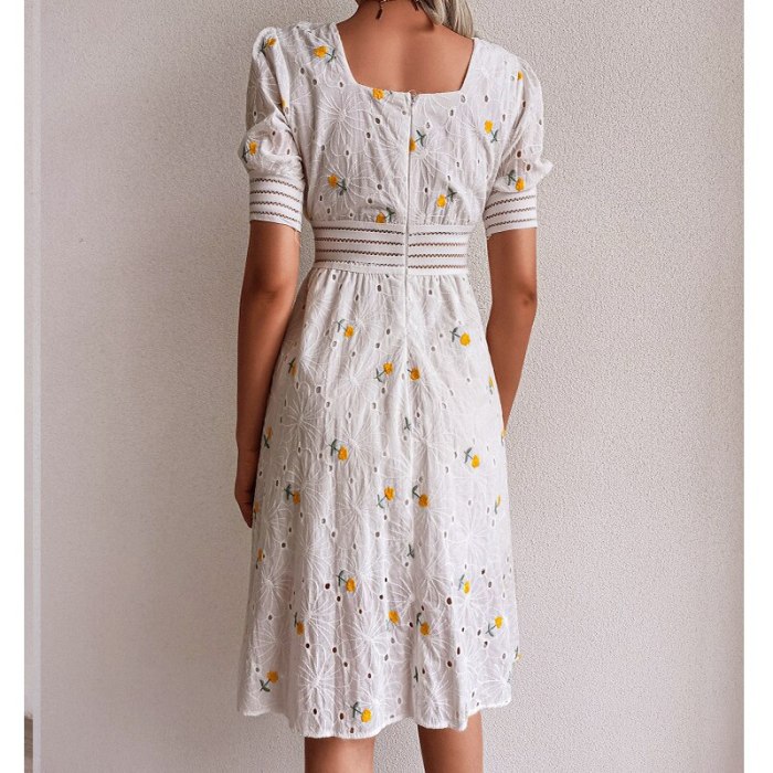New summer dress vintage hollow embroidered sweet dress waist slimming square neck short sleeve dress female 2021 vestidos