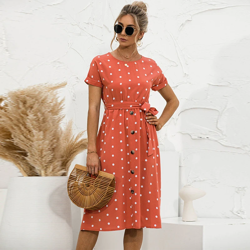 Women Summer Beach Chiffon Dress Casual Short Sleeve Polka Dot Dress Midi Dress Femme Vestidos Elegant O Neck Sundress With Belt