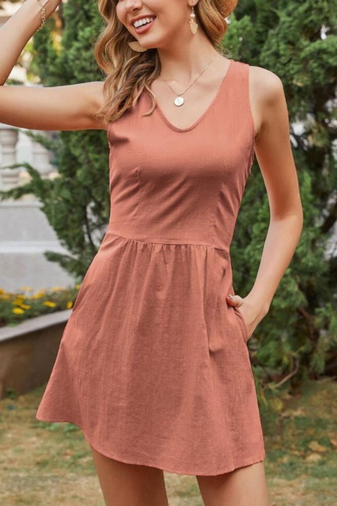 Sexy Sleeveless Dresses For Women 2021 Summer New Casual Loose Solid Color Backless+Pocket Bohemian Beach Holiday Dress