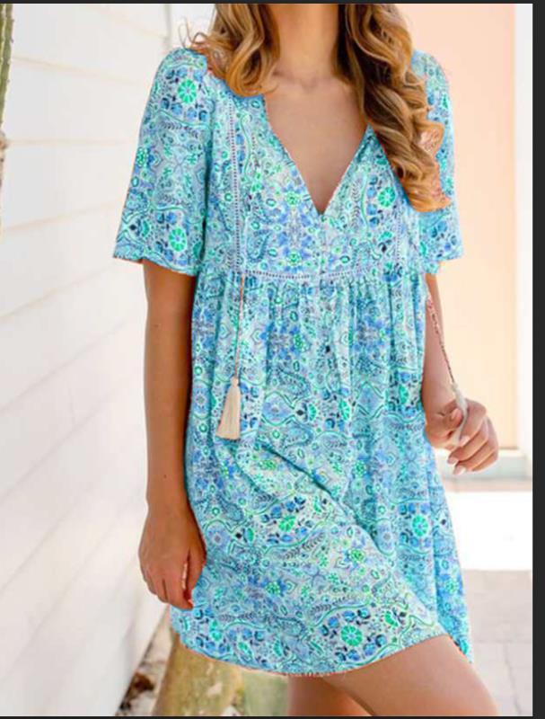 2021 Summer Women's Bohemian Print Short Sleeve Dress Outdoor Vacation Cool Sexy Loose Beach Dress