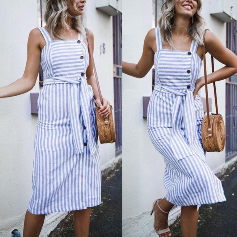 Buttoned Striped Backless Sling Dress