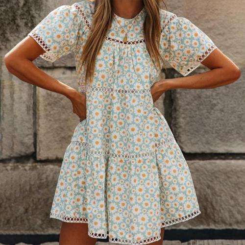 Trendy Hollow-Out Print Short Sleeve Mini Dress