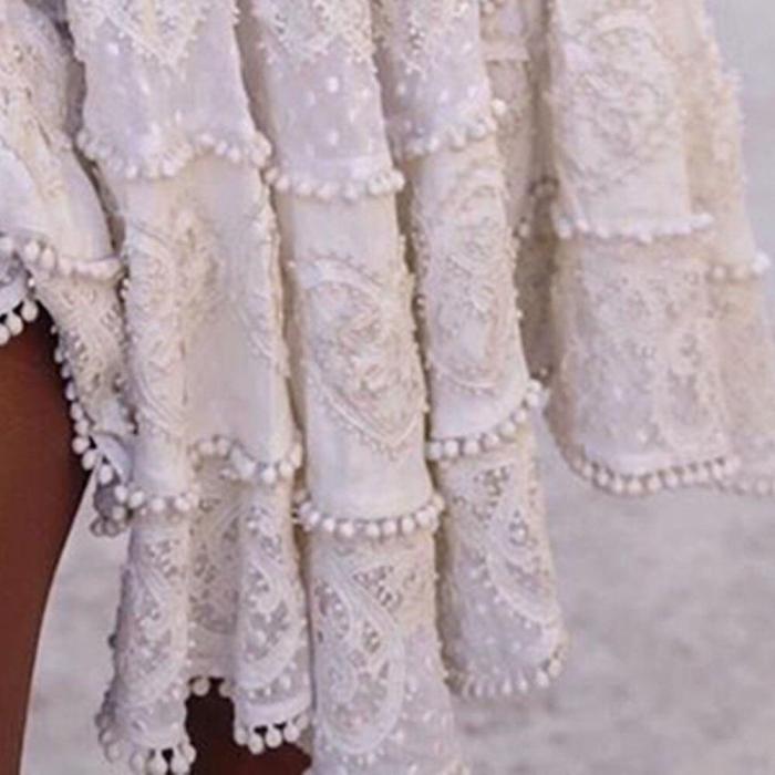 White Boho Lace Dress Women Long Sleeve V Neck Solid Beach Summer Dresses Bohemian Ladies Mini Short Dress Female 2020 Spring
