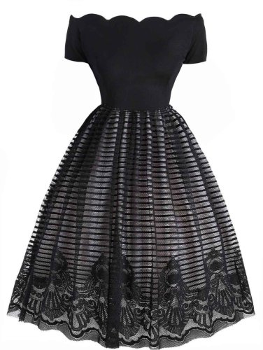 1950s Mesh Patchwork Off Shoulder Dress