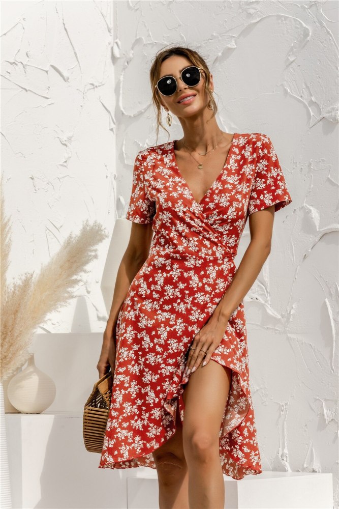 Woman Sweet Floral Dress Irregular Knee-Length Midi Dress Sexy V-Neck Short Sleeve Summer Women's Dress 2021 Robe Femme Vestidos