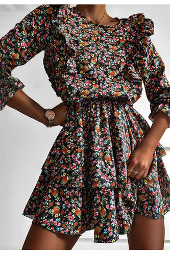 Women A-Line Flower Print Vintage Dress Long Sleeve Ruffle Mini Dress