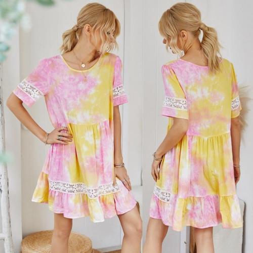 Fashion Lace Dress Womens Summer New Holiday Summer Tie-Dye Pleated Jacquard Vintage Dress