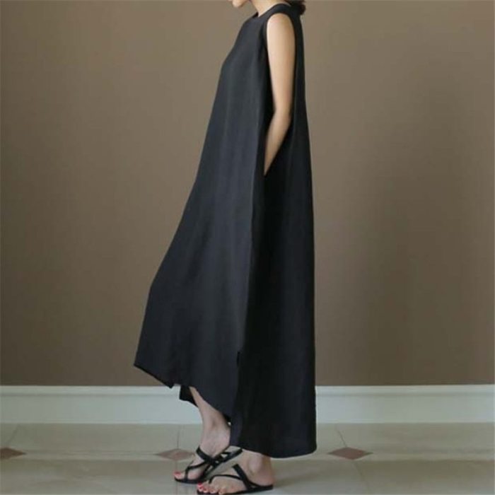 Round Neck Sleeveless Pullover Loose Floor Length Korea Styles Linen And Cotton Big Size Dress Girl'S Over Size 2A03601