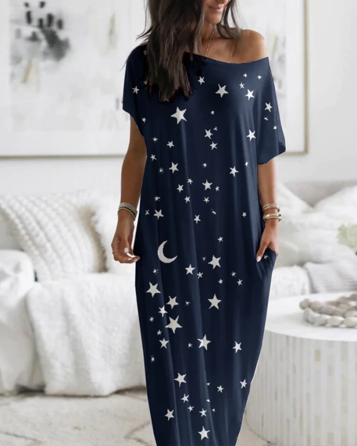 2021 Women Dresses Loose Short Sleeve Long Dress Moon Star Printing Female Summer Butterfly Dress Vestidos Mother's Day gift
