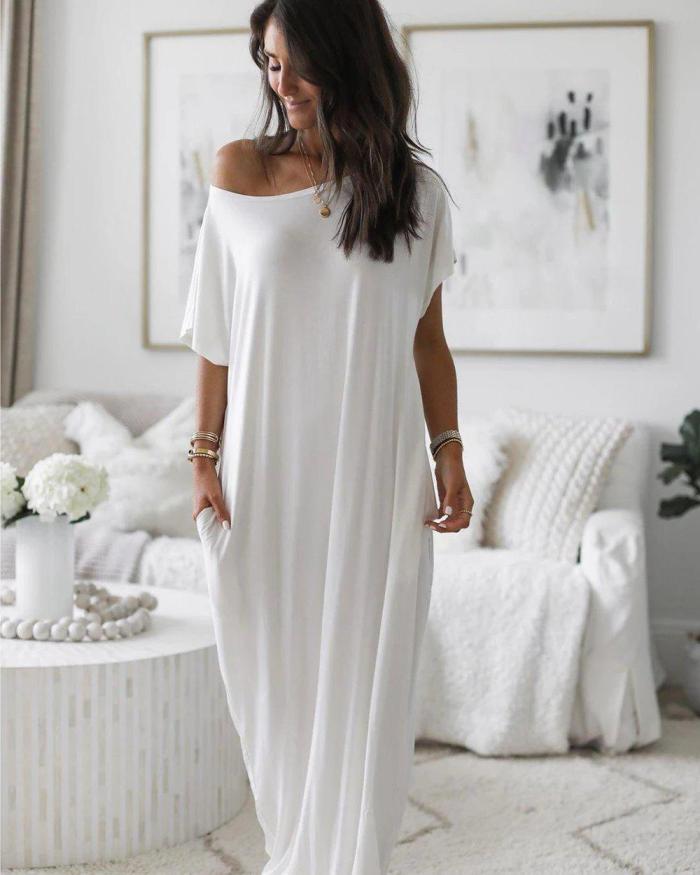 Elegant Short Sleeve Ultra Soft Split Flowing Basic Maxi Dress