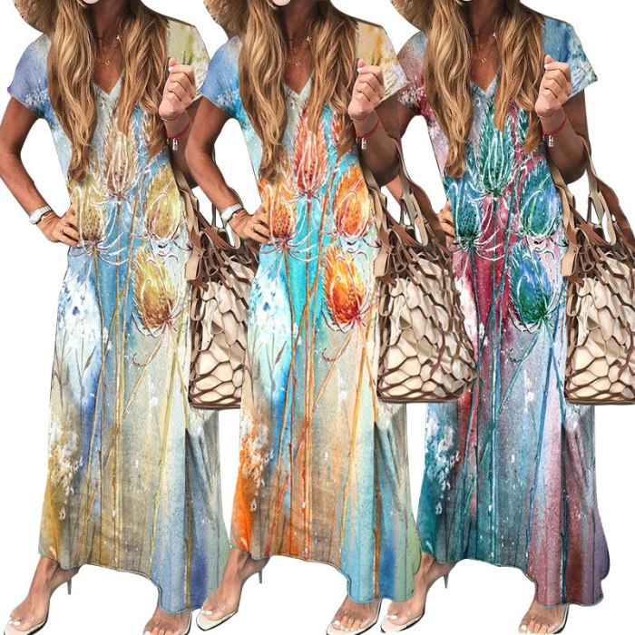 Sexy Long Floral Print Short Sleeve Maxi Dresses Summer Elegant V Neck Loose Boho Dress