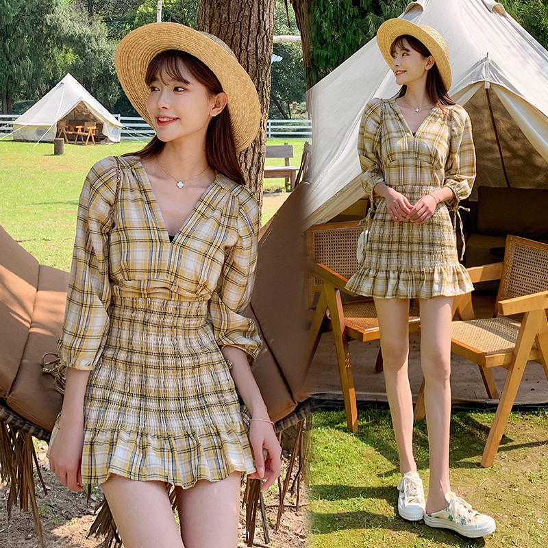 Summer Sexy Vintage Preppy Short Party Dress Mini Women Plaid Dress Youthful Korean Runway 2022 New Fashion Slim Cool Wrap Dress