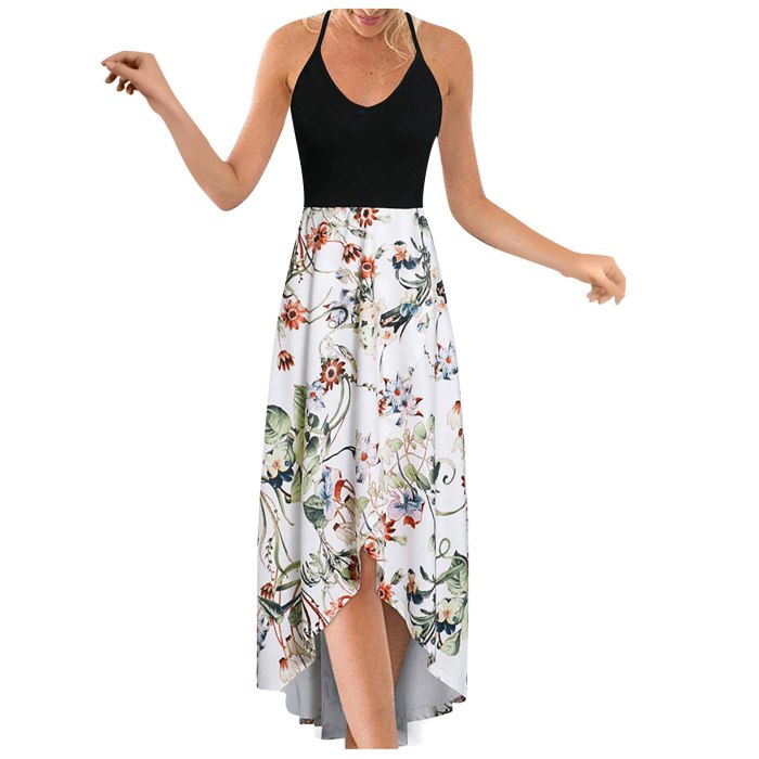 Women Fashion V-neck Sleeveless Strap Open Back Sexy Print Dress Summer Dress