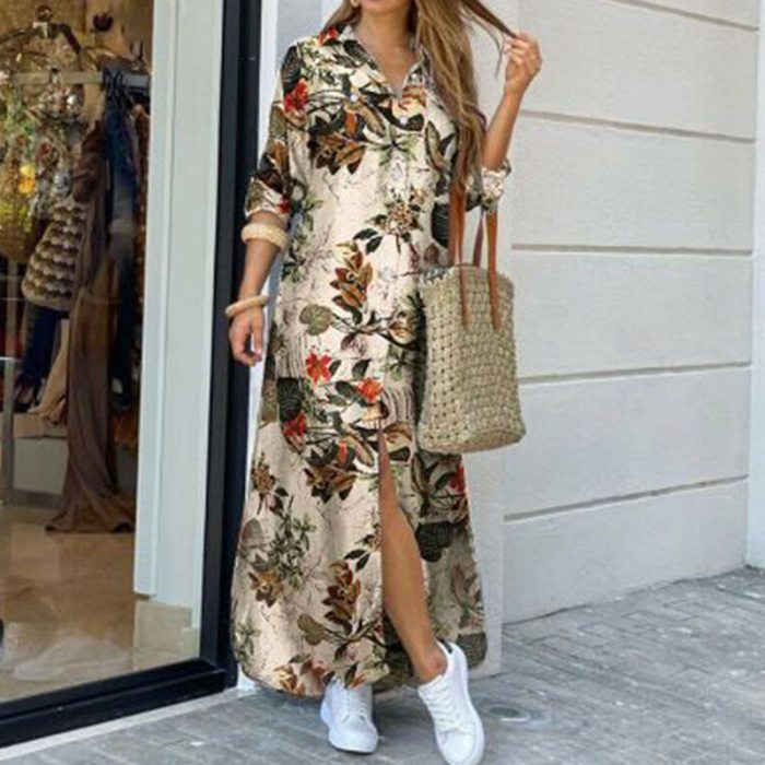 Fashion Women Long Sleeve Shirt Dress Autumn Printed OL Long Dresses Laides Turn-down Collar Loose Sundress Party Dresses