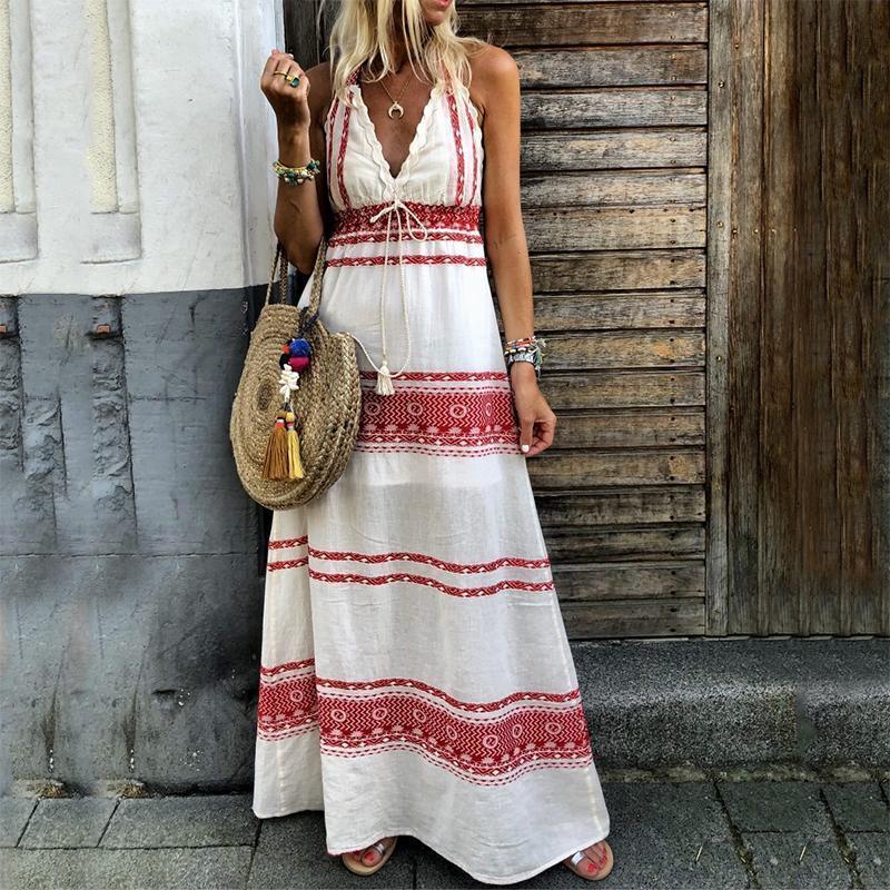 Boho V Neck Sleeveless Belted Printed Colour Splicing Vacation Maxi Dress