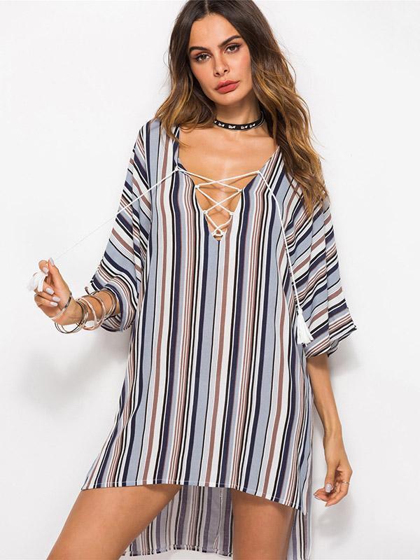 Loose Plus Size Striped Fashion Lace-up Blouse