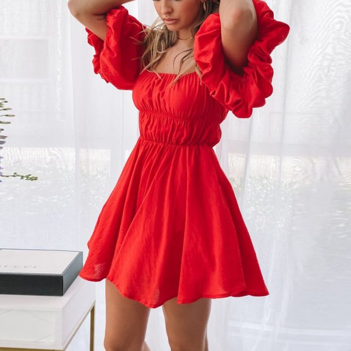 Sexy Summer Off the Shoulder Dress A-Line Women Solid Color Short Sleeve Casual Dress Party Female Vestidos 2021 New
